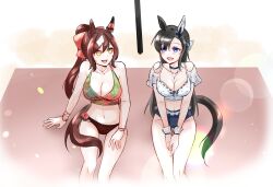 Rule 34 | 2girls, :d, animal ears, aruchi000, bare shoulders, bikini, black choker, black hair, blue eyes, bow, breasts, brown hair, choker, cleavage, collarbone, ear covers, genderswap, genderswap (mtf), hair bow, highres, horse ears, horse girl, horse tail, jewelry, just a way (racehorse), large breasts, long hair, medium breasts, midriff, multicolored hair, multiple girls, navel, necklace, open mouth, original, personification, ponytail, red bow, single ear cover, sitting, smile, streaked hair, swimsuit, tail, umamusume, verxina (racehorse), white bikini, white hair, yellow eyes