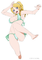 Rule 34 | 10s, 1girl, ayase eli, baba arumi, barefoot, bikini, blonde hair, blue eyes, blush, breasts, full body, jumping, long hair, love live!, love live! school idol project, ponytail, simple background, solo, swimsuit