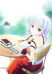 Rule 34 | 1girl, book, camisole, red eyes, shima yukiwa, silver hair, sitting, solo, writing