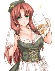 Rule 34 | 1girl, alcohol, alternate costume, beer, beer mug, blush, bodice, bow, braid, breasts, bust cup, cleavage, cup, dirndl, drunk, german clothes, green eyes, hair bow, hat, hong meiling, large breasts, long hair, looking at viewer, monety, mug, oktoberfest, red hair, solo, squeans, touhou, traditional clothes, twin braids