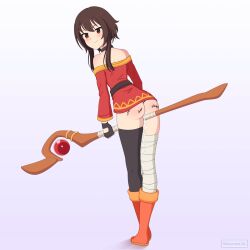 1girl ass brown_hair daemonhx kono_subarashii_sekai_ni_shukufuku_wo! megumin no_panties red_eyes staff tally