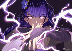 Rule 34 | 1girl, black background, braid, breasts, bridal gauntlets, cleavage, closed mouth, commentary, electricity, english commentary, flower, genshin impact, hair ornament, highres, japanese clothes, kimono, large breasts, long hair, looking at viewer, magui3, mole, mole under eye, nail polish, own hands together, purple eyes, purple flower, purple hair, purple nails, raiden shogun, simple background, solo