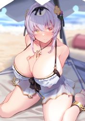 Rule 34 | 1girl, absurdres, alicia renato (yashiro sousaku), ankle cuffs, arm between breasts, barefoot, beach, beach umbrella, between breasts, bikini, bikini under clothes, blush, breasts, chain, cleavage, cross, cross necklace, crossed bangs, dress, hair ornament, hairband, heterochromia, highres, holding, holding jewelry, holding necklace, huge breasts, jewelry, kimi tsuru, looking at viewer, mat, necklace, original, red eyes, see-through, see-through dress, short dress, short hair, sitting, skindentation, smile, solo, swimsuit, umbrella, wariza, white bikini, white dress, white hair, yellow eyes