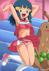Rule 34 | 1girl, :d, alternate costume, armpits, blue eyes, blue hair, blush, bow, bow panties, breasts, cameltoe, cheerleader, cleavage, clothes lift, creatures (company), dawn (pokemon), from below, game freak, gen 2 pokemon, happy, lingerie, lowres, miniskirt, navel, nintendo, no bra, open mouth, panties, pantyshot, pokemoa, pokemon, pokemon (anime), pokemon (creature), pom pom (cheerleading), shoes, skirt, skirt lift, small breasts, smile, sneakers, socks, striped clothes, striped panties, sudowoodo, thighs, underboob, underwear, upshirt, upskirt