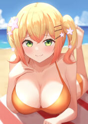 Rule 34 | 1girl, :3, absurdres, arm support, bare arms, bare shoulders, barefoot, beach, beach towel, bikini, blonde hair, blue sky, blurry, blurry background, blush, breasts, cleavage, closed mouth, cloud, collarbone, day, eyelashes, feet up, flower, gradient hair, green eyes, hair between eyes, hair flower, hair ornament, hairclip, hand on own chest, hand up, highres, hololive, large breasts, looking at viewer, lying, medium hair, momosuzu nene, multicolored hair, ocean, on stomach, orange bikini, outdoors, sand, sidelocks, sky, smile, solo, sunlight, swimsuit, toes, towel, twintails, typho, virtual youtuber