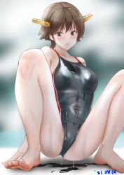 Rule 34 | 1girl, absurdres, barefoot, black one-piece swimsuit, blush, breasts, brown eyes, brown hair, dated, dorsiflexion, feet, headgear, hiei (kancolle), highres, kantai collection, looking at viewer, medium breasts, one-piece swimsuit, open mouth, ototoi koi, short hair, simple background, solo, squatting, swimsuit, wet, wet clothes, wet swimsuit