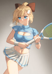 Rule 34 | 1girl, alternate costume, blonde hair, blue eyes, bow, breasts, breath, brown background, brown bow, cleavage, cleavage cutout, clothing cutout, copyright name, gradient background, hair ornament, hair up, holding, holding racket, hololive, hololive english, kangbus, medium breasts, miniskirt, navel, pleated skirt, racket, skirt, solo, sportswear, taut clothes, tennis racket, tennis uniform, thighs, virtual youtuber, watson amelia, wristband