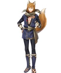 1boy animal_ear_fluff animal_ears fire_emblem fire_emblem_fates fire_emblem_heroes fox_boy fox_ears fox_tail highres japanese_clothes kaden_(fire_emblem) kyuusugi_toku male_focus nintendo official_art orange_hair pectoral_cleavage pectorals sandals scarf shin_guards solo striped_clothes striped_scarf tail third-party_source