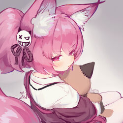 Rule 34 | 1girl, absurdres, animal ear fluff, animal ears, arknights, blush, chack520, chinese commentary, closed mouth, commentary, fox ears, fox girl, fox tail, hair ornament, highres, jacket, looking at viewer, looking back, morte (arknights), pink eyes, pink hair, pink jacket, shamare (arknights), shirt, sitting, solo, stuffed wolf, tail, twintails, white shirt