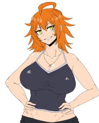 Rule 34 | 36rt, absurdres, ahoge, breasts, casual, cleavage, girls&#039; frontline, green eyes, hands on own hips, highres, jewelry, ks-23 (girls&#039; frontline), large breasts, midriff, multicolored shirt, red hair, ring, sharp teeth, shirt, smile, strap, teeth, tight clothes, tight shirt
