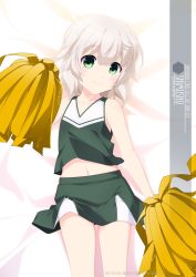 Rule 34 | 1girl, alternate costume, artist name, character name, cheerleader, commentary request, cowboy shot, dress, green eyes, green shirt, green skirt, highres, holding, holding pom poms, inaba shiki, kantai collection, looking at viewer, lying, messy hair, navel, one-hour drawing challenge, pleated dress, pom pom (cheerleading), pom poms, shimushu (kancolle), shirt, short hair, skirt, sleeveless, sleeveless shirt, solo, white hair