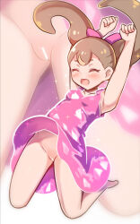 Rule 34 | 1girl, arms up, bar censor, barefoot, bow, brown hair, censored, cleft of venus, closed eyes, commentary request, cure wonderful, dress, fang, glowing dress, hair bow, henshin, highres, inukai komugi, jumping, koizumi hitsuji, legs up, long hair, no panties, partial commentary, paw pose, pink bow, pink dress, ponytail, precure, pussy, short dress, skin fang, sleeveless, sleeveless dress, solo, sparkle, wonderful precure!, zoom layer