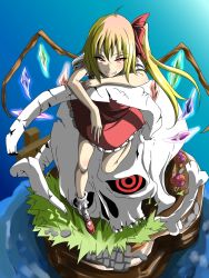 Rule 34 | 1girl, black sclera, blonde hair, colored sclera, crystal, fang, fang out, flandre scarlet, highres, horns, looking at viewer, mushroom, naodx, puffy short sleeves, puffy sleeves, red eyes, short sleeves, side ponytail, single horn, sitting, skirt, skirt set, skull, slit pupils, smile, solo, touhou, wings