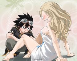 Rule 34 | 1boy, 1girl, arm support, barefoot, black hair, blonde hair, breasts, eden&#039;s zero, embarrassed, feet, gaston18, goggles, goggles on head, hair between eyes, large breasts, long hair, looking at another, open mouth, rebecca bluegarden, shiki granbell, short hair, sitting, spiked hair, spread legs, squatting, towel