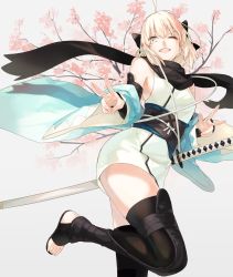 Rule 34 | 1girl, ahoge, black bow, black scarf, black thighhighs, blonde hair, bow, cherry blossoms, detached sleeves, double v, fate/grand order, fate (series), grey eyes, grin, hair bow, haori, highres, japanese clothes, katana, kimono, koha-ace, la-na, leg up, long sleeves, looking at viewer, obi, okita souji (fate), okita souji (koha-ace), sash, scarf, sheath, sheathed, shinsengumi, short kimono, smile, solo, sword, thighhighs, v, weapon, wide sleeves