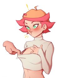 Rule 34 | 10s, 1girl, ahoge, amanda o&#039;neill, bad id, bad pixiv id, blush, cleavage cutout, cleavage reach, clothes pull, clothing cutout, disembodied hand, hand on own chest, highres, little witch academia, looking down, male hand, meme attire, multicolored hair, orange hair, pudgeruffian, red hair, short hair, simple background, solo, solo focus, two-tone hair, white background