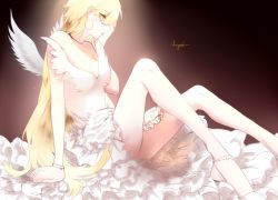 Rule 34 | 10s, 1girl, angel, angel (pixiv14838926), angel wings, bad id, bad pixiv id, bare legs, blonde hair, choker, dress, english text, frilled dress, frills, hand on own face, high heels, legs, long hair, long legs, panty &amp; stocking with garterbelt, panty (psg), profile, shoes, simple background, sitting, sleeveless, solo, very long hair, white dress, white footwear, white wings, wings