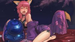 Rule 34 | 10s, 1girl, animal ears, bare shoulders, bed sheet, blush, breasts, cherry blossoms, closed eyes, cosplay, fang, fate/extra, fate/grand order, fate (series), fox ears, fox tail, gourd, highres, japanese clothes, kimono, large breasts, long sleeves, off shoulder, open mouth, paintrfiend, petals, pink hair, purple kimono, revealing clothes, seiza, shuten douji (fate), shuten douji (fate) (cosplay), shuten douji (first ascension) (fate), sideboob, sitting, solo, tail, tamamo (fate), tamamo no mae (fate/extra), tree, yawning