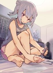 Rule 34 | 1girl, applying pedicure, barefoot, cevio, clipping nails, clipping toenails, dolphin shorts, double bun, guitar case, hair bun, highres, holding own foot, indoors, instrument case, koharu rikka, nail clippers, pink eyes, short hair, shorts, sitting, siwasunohige, solo