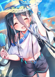 Rule 34 | 1girl, aekun cben, alternate costume, aris (blue archive), blue archive, blue hair, blush, casual, commentary request, dark blue hair, food, hair between eyes, halo, hat, highres, lens flare, long hair, long hair between eyes, navel, open mouth, popsicle, shorts, sky, smile, solo, straw hat, swimsuit, swimsuit under clothes, very long hair