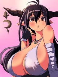 Rule 34 | 10s, 1girl, antenna hair, bandages, bandaged arm, black gloves, blush, breasts, cleavage, crescent, danua, draph, fingerless gloves, gloves, granblue fantasy, highres, horn ornament, horns, huge breasts, jewelry, long hair, mochi (bokkuri), necklace, orange eyes, pointy ears, purple hair, solo, white gloves