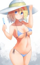 Rule 34 | 1girl, absurdres, alice margatroid, arm up, bad id, bad pixiv id, bikini, blonde hair, blue bikini, blue eyes, blush, breasts, breasts apart, closed mouth, collarbone, commentary request, food, front-tie bikini top, front-tie top, hair between eyes, hairband, hand on headwear, hat, highres, holding, holding food, looking at viewer, medium breasts, navel, popsicle, red hairband, short hair, side-tie bikini bottom, simple background, skindentation, smile, solo, stomach, string bikini, sun hat, swimsuit, tareme, touhou, underboob, white background, white hat, yusake san