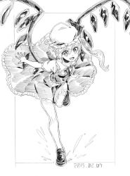 Rule 34 | 1girl, ascot, bad id, bad twitter id, dated, flandre scarlet, greyscale, hat, highres, monochrome, monokurokenkenpa, open mouth, ribbon, short hair, side ponytail, sketch, smile, solo, touhou, wings