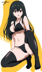 Rule 34 | 1girl, absurdres, alternate hairstyle, artist logo, black bra, black hair, black panties, black thighhighs, bra, breasts, commentary, english commentary, hair down, highres, indexxryo, large breasts, lingerie, long hair, looking at viewer, navel, open mouth, panties, red eyes, solo, spy x family, squatting, thighhighs, underwear, underwear only, yor briar