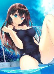Rule 34 | 10s, 1girl, amami mikihiro, bare shoulders, blue eyes, breasts, brown hair, chain-link fence, cleavage, cloud, commentary request, day, fence, idolmaster, idolmaster cinderella girls, jpeg artifacts, long hair, looking at viewer, medium breasts, old school swimsuit, one-piece swimsuit, poolside, school swimsuit, shibuya rin, sitting, sky, smile, soaking feet, solo, swimsuit