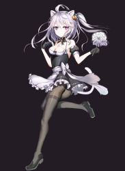 Rule 34 | 1girl, ahoge, animal ears, apron, ass, between breasts, black background, black footwear, black gloves, black pantyhose, breasts, cat ears, cat tail, cleavage, detached collar, duster, frilled apron, frills, gloves, highres, iron saga, looking at viewer, looking back, maid, mascheruri, medium breasts, panties, panties under pantyhose, pantyhose, purple eyes, silver hair, solo, standing, standing on one leg, tail, thighband pantyhose, thong, two side up, underwear, waist apron, walking, white apron