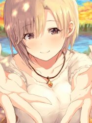 Rule 34 | 1girl, aiba yumi, blonde hair, blurry, blurry background, blush, breasts, brown eyes, closed mouth, collarbone, dot nose, idolmaster, idolmaster cinderella girls, idolmaster cinderella girls starlight stage, jewelry, long sleeves, looking at viewer, medium breasts, necklace, open hands, reaching, reaching towards viewer, shirt, short hair, smile, solo, toho (kihon ha yappa), upper body, white shirt