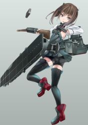 Rule 34 | 10s, 1girl, anti-aircraft, anti-aircraft gun, armor, ass, back, bike shorts, bike shorts under skirt, black thighhighs, blush, boots, bow (weapon), brown eyes, brown hair, bute (butegram), buts, clip (weapon), crossbow, flat chest, flight deck, headband, headgear, highres, kantai collection, looking back, magazine (weapon), open mouth, personification, pleated skirt, short hair, shorts, shorts under skirt, skirt, solo, taihou (kancolle), thigh boots, thighhighs, weapon