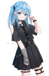 Rule 34 | 1girl, :o, bare shoulders, belt, belt buckle, black belt, black bow, black collar, black nails, black necktie, black shirt, black skirt, blue eyes, blue hair, bow, buckle, clothing cutout, collar, collared shirt, ear piercing, fishnet thighhighs, fishnets, hair between eyes, hair bow, hand up, long hair, looking at viewer, multicolored nails, nail polish, necktie, original, parted lips, piercing, pleated skirt, red nails, shirt, shoulder cutout, simple background, single thighhigh, skirt, solo, striped clothes, thighhighs, twitter username, two side up, white background, yumoran