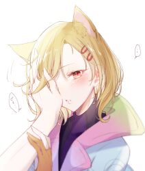 Rule 34 | 1other, animal ears, antenna hair, aqua coat, blonde hair, cat ears, coat, fingerless gloves, gloves, gnosia, hair between eyes, hair ornament, hairclip, looking at viewer, nekotemari, other focus, red eyes, setsu (gnosia), short hair, simple background, solo, translation request, turtleneck