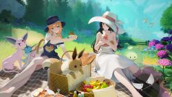 Rule 34 | 2girls, absurdres, apple, applin, azurill, banana, bare shoulders, beautifly, black hair, blue eyes, blue hat, blue skirt, blue sky, bread, bread slice, breasts, bucket hat, closed mouth, collarbone, commentary, creatures (company), croissant, day, dingding (chongsangjun), dress, duosion, eevee, english commentary, espeon, fence, flower, food, frown, fruit, game freak, gastly, gen 1 pokemon, gen 2 pokemon, gen 3 pokemon, gen 4 pokemon, gen 5 pokemon, gen 8 pokemon, grass, hair over one eye, hat, hat ribbon, highres, hot dog, hydrangea, large breasts, leg focus, legs, long hair, looking at another, low twintails, marill, medium hair, multiple girls, nature, nintendo, open mouth, orange hair, original, outdoors, pantyhose, picnic, picnic basket, picnic blanket, pokemon, pokemon (creature), red eyes, ribbon, rotom, rotom phone, scenery, shirt, skirt, sky, sleeveless, sleeveless dress, smile, sunlight, suspender skirt, suspenders, toast, tree, twintails, vaporeon, white dress, white hat, white pantyhose, white shirt, wooden fence