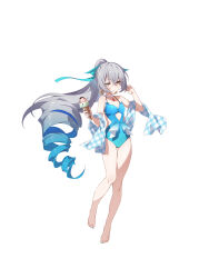 Rule 34 | 1girl, absurdres, alternate costume, bare legs, barefoot, blue shawl, blush, breasts, bronya zaychik, bronya zaychik (herrscher of truth), chinese commentary, closed mouth, collarbone, drill hair, full body, grey eyes, grey hair, high ponytail, highres, honkai (series), honkai impact 3rd, ice cream cone, jewelry, looking at viewer, nail polish, necklace, official art, ponytail, shawl, simple background, single drill, small breasts, solo, sylvia (huajiuhuajiu), toes, white background