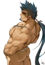 Rule 34 | 1boy, ass, asymmetrical hair, back, bara, blue eyes, blue hair, chest tattoo, facial hair, from above, fundoshi, goatee, gomtang, japanese clothes, large pectorals, leaning back, long hair, looking at viewer, male focus, male underwear, mature male, muscular, muscular male, nipples, original, pectorals, ponytail, shark (gomtang), sharp teeth, sideburns, sidecut, smile, solo, tattoo, teeth, thick eyebrows, thick thighs, thighs, undercut, underwear, underwear only, white male underwear