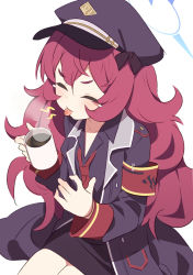 Rule 34 | 1girl, armband, black hat, black jacket, black ribbon, black shirt, black skirt, blouse, blue archive, blush, closed eyes, coffee, coffee cup, cup, disposable cup, hair between eyes, hair ribbon, halo, hat, highres, holding, holding cup, iroha (blue archive), jacket, long hair, long sleeves, military, military hat, military jacket, military uniform, necktie, open clothes, open jacket, peaked cap, red hair, red necktie, ribbon, safety pin, shirt, sitting, skirt, solo, supershiruco, tearing up, tongue, tongue out, uniform, very long hair, white background