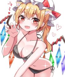Rule 34 | 1girl, :d, animal ears, bikini, black bikini, blonde hair, breasts, cat ears, cleavage, cowboy shot, crystal, flandre scarlet, groin, halterneck, hat, heart, highres, kiui (dagk8254), large breasts, looking at viewer, mob cap, nail polish, navel, one side up, open mouth, red eyes, red nails, side-tie bikini bottom, simple background, smile, solo, standing, string bikini, swimsuit, teeth, touhou, upper teeth only, white background, white hat, wings