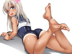 Rule 34 | 10s, ass, barefoot, blonde hair, blue eyes, bracelet, commentary request, crop top, feet, flower, from behind, hair flower, hair ornament, highres, ipuu (el-ane koubou), jewelry, kantai collection, legs up, long hair, looking at viewer, looking back, lying, on stomach, one-piece swimsuit, one-piece tan, open mouth, ro-500 (kancolle), sailor collar, school swimsuit, school uniform, serafuku, shiny clothes, shiny skin, simple background, smile, soles, solo, swimsuit, swimsuit under clothes, tan, tanline, toenails, toes, white background