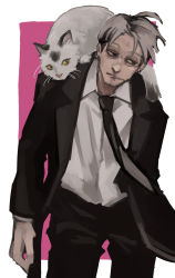 Rule 34 | 1boy, 1other, animal, animal on shoulder, black coat, black hair, black necktie, cat, cat on shoulder, chainsaw man, coat, collared shirt, earrings, facial hair, formal, grey hair, highres, jewelry, kishibe (chainsaw man), long coat, looking to the side, meowy (chainsaw man), multicolored hair, nakano (2 mannaka), necktie, pink background, scar, shirt, short hair, simple background, stitched face, stitches, stubble, two-tone background, two-tone hair, whiskers, white background, white cat, white shirt, yellow eyes