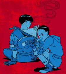 Rule 34 | 2boys, akira (manga), food, gloves, kaneda shoutarou (akira), multiple boys, popsicle, red background, shima tetsuo, tagme