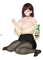Rule 34 | 1girl, alcohol, bag, bare shoulders, black choker, black pantyhose, black skirt, bottle, bra, bra slip, breasts, brown hair, chief nuna (zcune), choker, cleavage, collarbone, commentary, commentary request, cup, drunk, english commentary, hair behind ear, half-closed eyes, handbag, highres, holding, holding bottle, holding cup, huge breasts, indoors, korean commentary, long hair, medium hair, mixed-language commentary, mole, mole under eye, off shoulder, office lady, original, pantyhose, partially unbuttoned, shirt, shirt tucked in, sitting, skirt, solo, thighs, transparent background, underwear, wariza, white bra, window, wooden floor, yellow eyes, yellow shirt, zcune