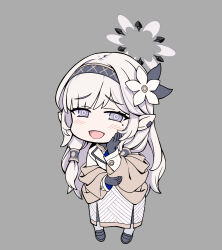 Rule 34 | 1girl, blue archive, blush, chibi, dress, flower, full body, gloves, grey background, hair flower, hair ornament, hair tubes, hairband, halo, highres, himari (blue archive), jacket, long hair, looking at viewer, matsuryuu, mole, mole under eye, open mouth, pointy ears, simple background, smile, solo, white hair