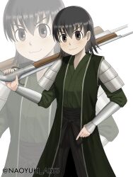 1girl :3 armor artist_name azumanga_daiou bayonet black_hair black_pants blush bob_cut bracer breasts brown_eyes closed_mouth clothing_request commentary cowboy_shot english_commentary flipped_hair green_jacket green_kimono gun highres holding holding_gun holding_weapon index_finger_raised jacket japanese_armor japanese_clothes kimono light_blush light_smile long_sleeves looking_at_viewer musket naoyuki_arts open_clothes open_jacket over_shoulder pants pauldrons short_hair shoulder_armor small_breasts smile solo standing twitter_username v-shaped_eyebrows weapon weapon_over_shoulder white_background zoom_layer