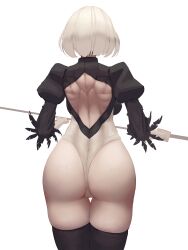 Rule 34 | 1girl, absurdres, ass, back, back cutout, black thighhighs, cameltoe, cleft of venus, clothing cutout, commentary, english commentary, feather-trimmed sleeves, from behind, highleg, highleg leotard, highres, holding, holding sword, holding weapon, juliet sleeves, leotard, long sleeves, muscular, muscular female, nier (series), nier:automata, puffy sleeves, saku ram, short hair, simple background, solo, sword, thighhighs, weapon, white background, white hair, white leotard, 2b (nier:automata)