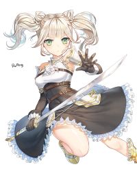 Rule 34 | 1girl, artist name, bad id, bad pixiv id, bare shoulders, blush, breasts, full body, green eyes, highres, holding, holding sword, holding weapon, looking at viewer, medium breasts, original, roang, short hair, short twintails, silver hair, solo, sword, twintails, weapon