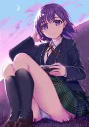 Rule 34 | 1girl, arm up, bad id, bad pixiv id, black jacket, black socks, blazer, brown footwear, camera, closed mouth, cloud, crescent moon, grass, green skirt, hair ornament, hairclip, hand in own hair, jacket, kneehighs, knees up, light particles, loafers, long sleeves, looking at viewer, moon, morizono shiki, morning, neck ribbon, on grass, on ground, original, outdoors, panties, pantyshot, plaid, plaid skirt, purple eyes, purple hair, red ribbon, ribbon, school uniform, shirt, shoes, short hair, sitting, skirt, smile, socks, solo, thighs, underwear, upskirt, white panties, white shirt