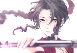 Rule 34 | 1girl, aerith gainsborough, blurry, blurry foreground, braid, braided ponytail, brown hair, choker, demi co, fighting stance, final fantasy, final fantasy vii, final fantasy vii remake, green eyes, hair ribbon, highres, holding, holding staff, jacket, long hair, looking ahead, parted bangs, parted lips, pink ribbon, red jacket, ribbon, ribbon choker, sidelocks, solo, staff, upper body, wavy hair, white background