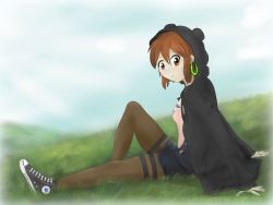 Rule 34 | 1girl, animal ears, brown eyes, brown hair, converse, curious, dutch angle, earrings, endlessgr8, grass, highres, hirasawa yui, hood, hoodie, jewelry, jpeg artifacts, k-on!, k-on! movie, md5 mismatch, overall skirt, pants, short hair, singing! (k-on!), sitting, solo, thigh strap, tight clothes, tight pants